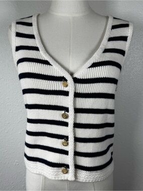 Women’s Navy Striped Knit Sweater Vest Coastal Old Money Scandi Minimalist Med